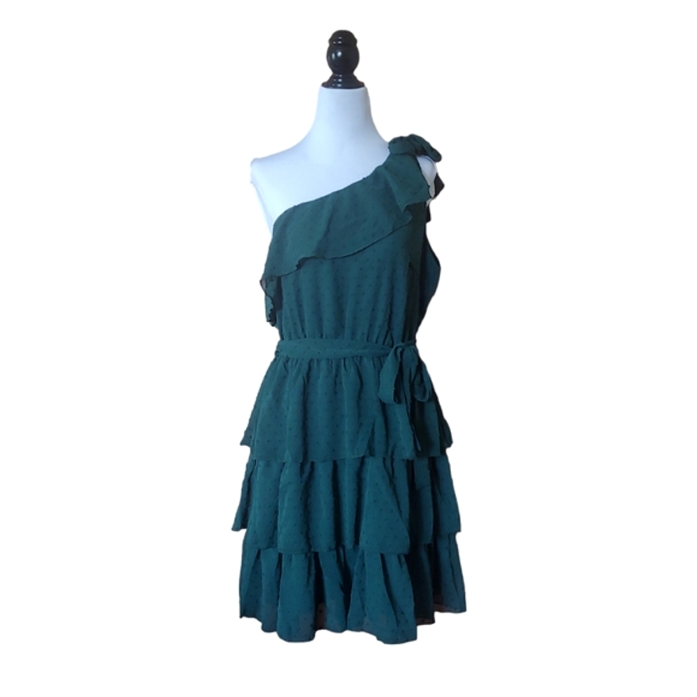NWT BTFBM Green One Shoulder Tiered Frill Ruffle Swiss Dot Flowy Mini Dress L - Picture 3 of 10